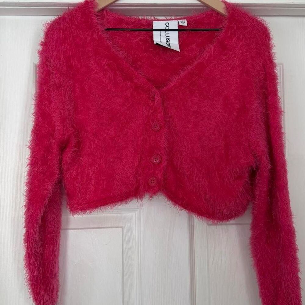 Asos Women's Fuzzy Pink Y2K Style Cardigan Cropped Size 4